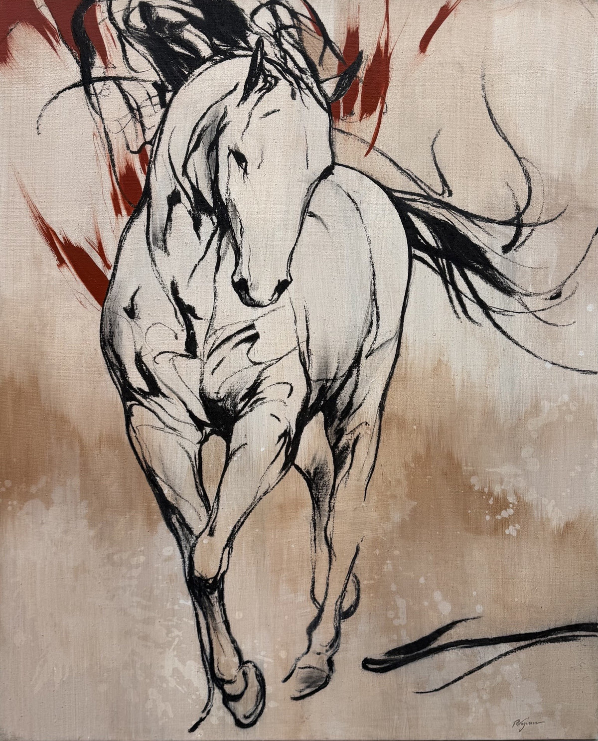 Tableau animalier de Cyril Reguerre, encre de chine et technique mixte sur toile, 81 x 100 cm, tons beige