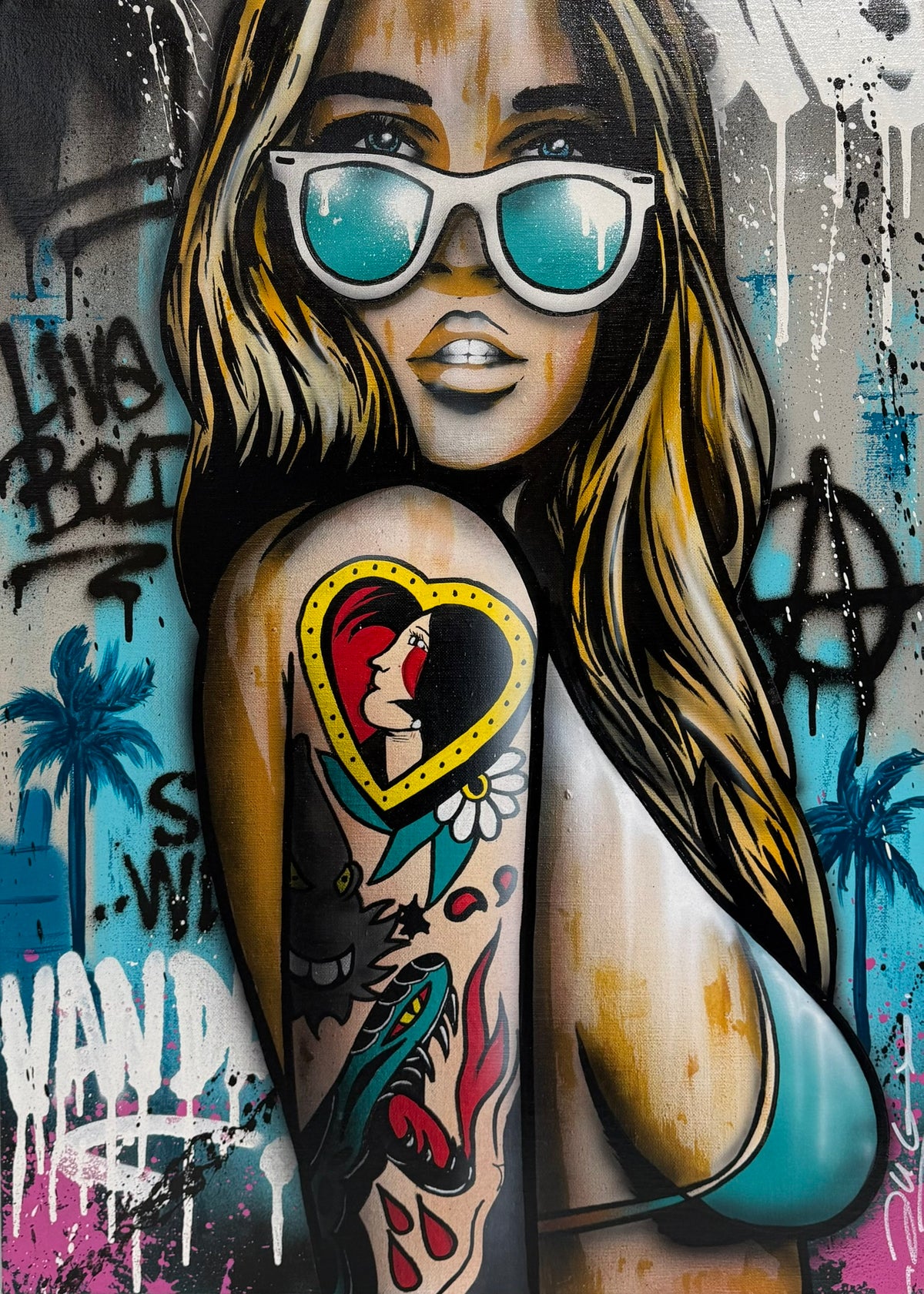 Tableau street art à l'aérosol et technique mixte sur toile, 50 x 70 cm, par JUG