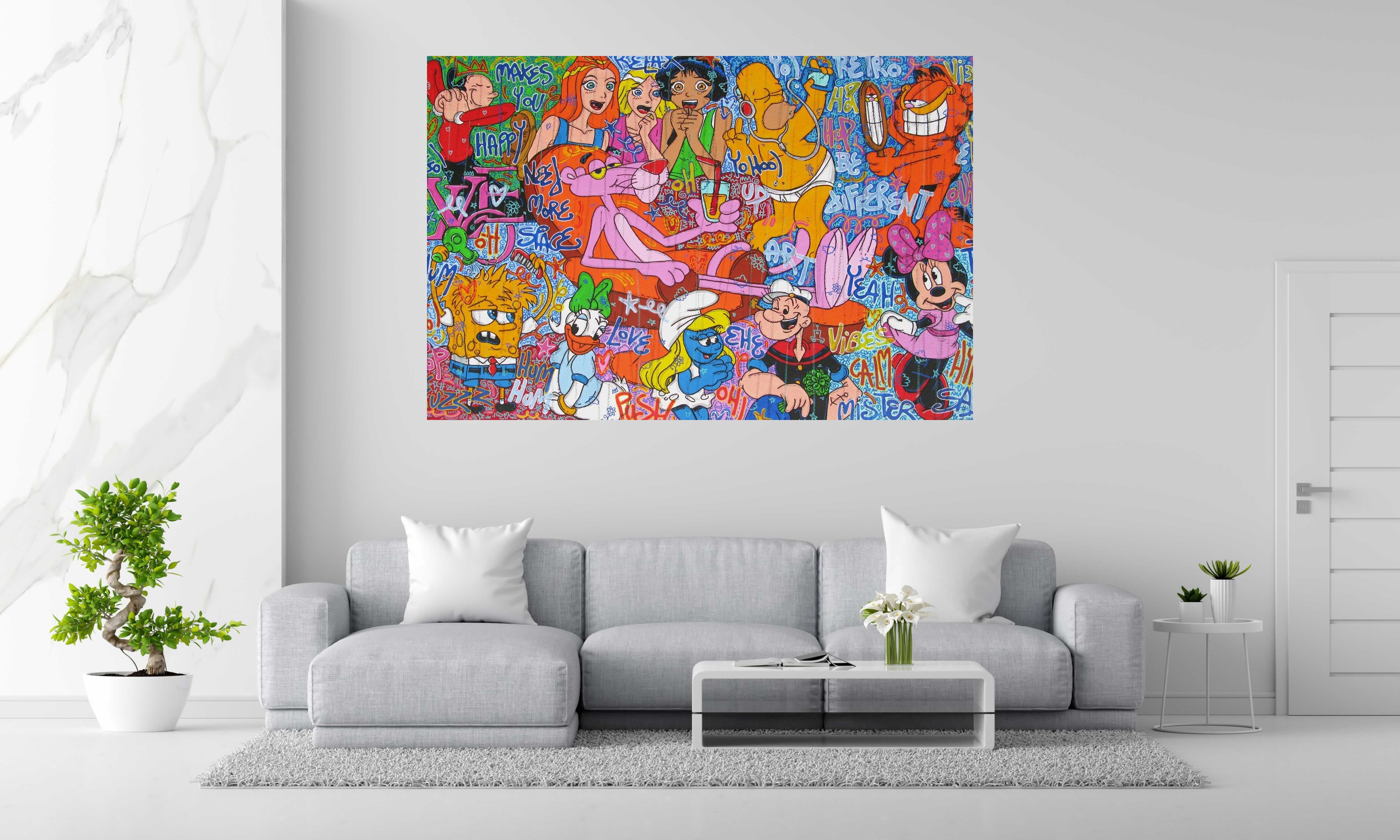 Tableau Toons Party de RICO SAB dans un intérieur – 130 × 195 cm