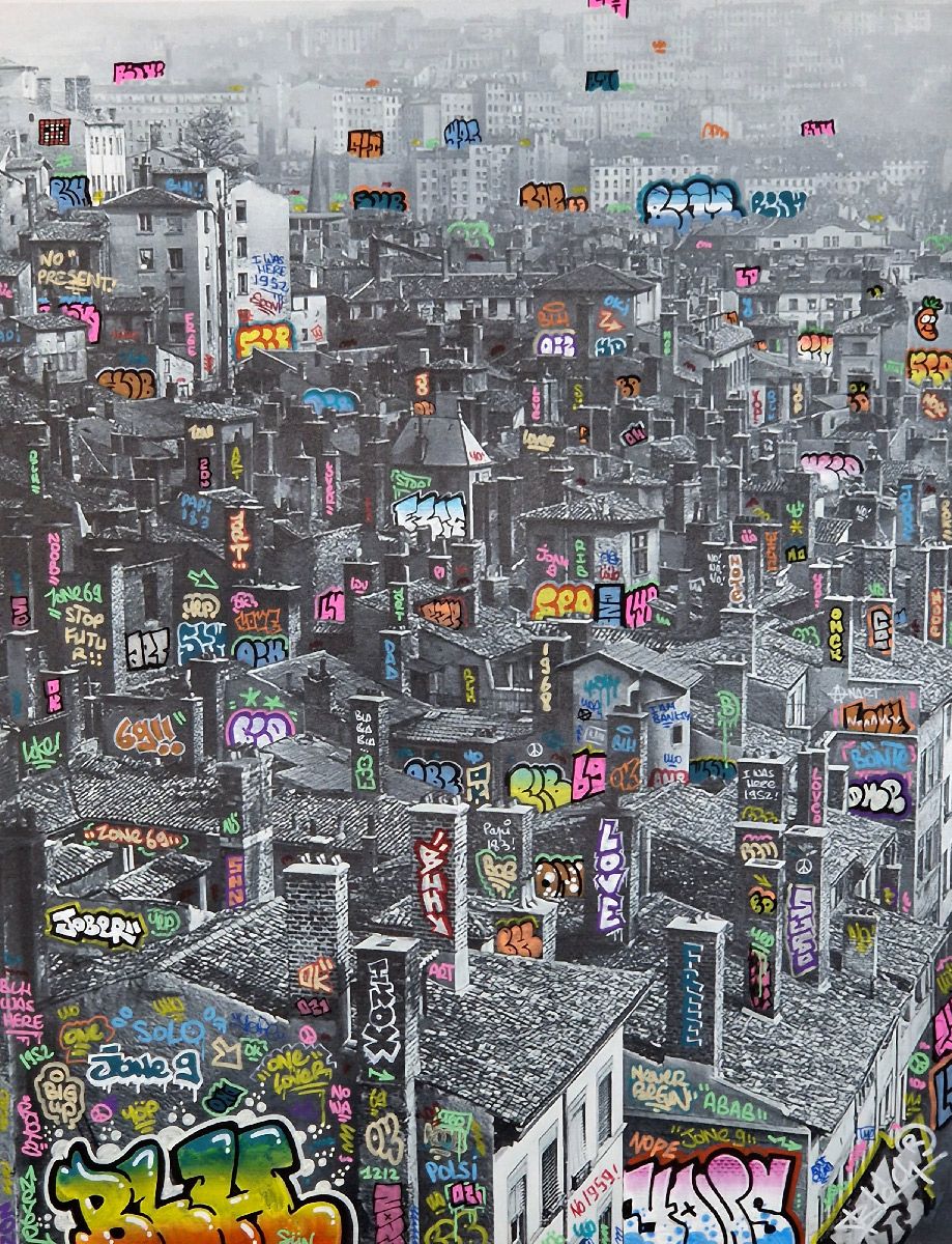 Tableau de BLACH a pour titre Doisneau, les toits de Lyon style graffiti, street art dim : BLACHprix:320
