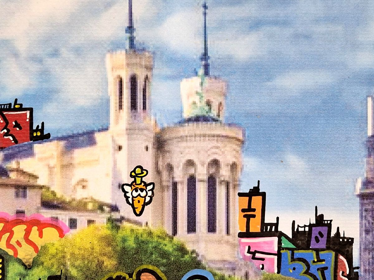 Tableau de BLACH a pour titre Lyon Feat Carotte style graffiti, street art dim : BLACHprix:500