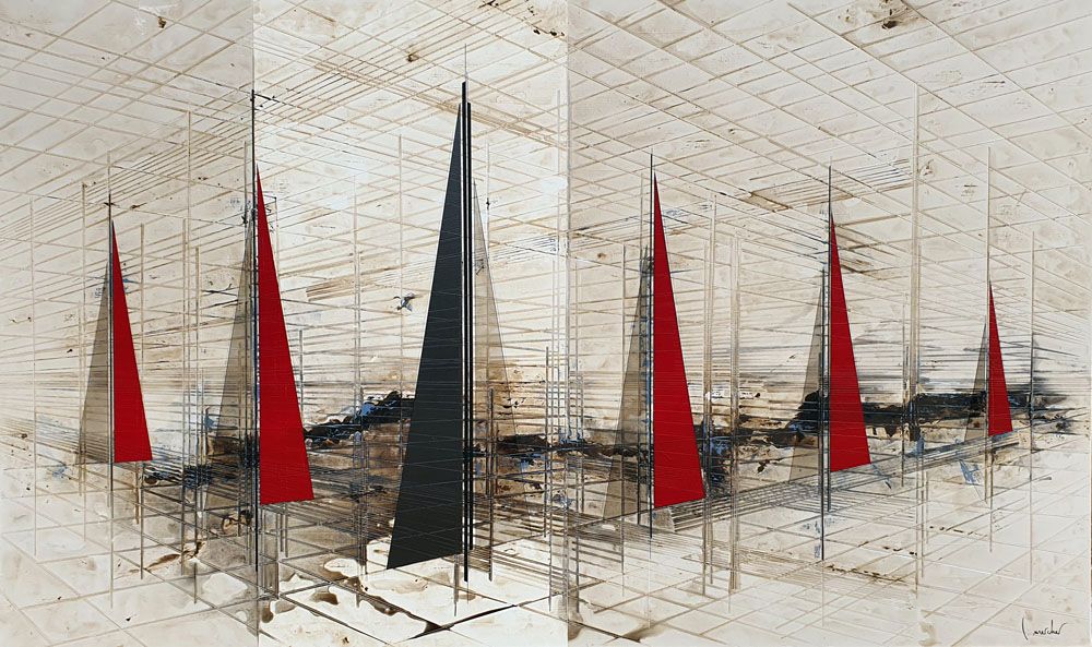 Toile abstraite très grand format beige et rouge BLACK SAIL – LUDOVIC MERCHER – 162 × 97 cm