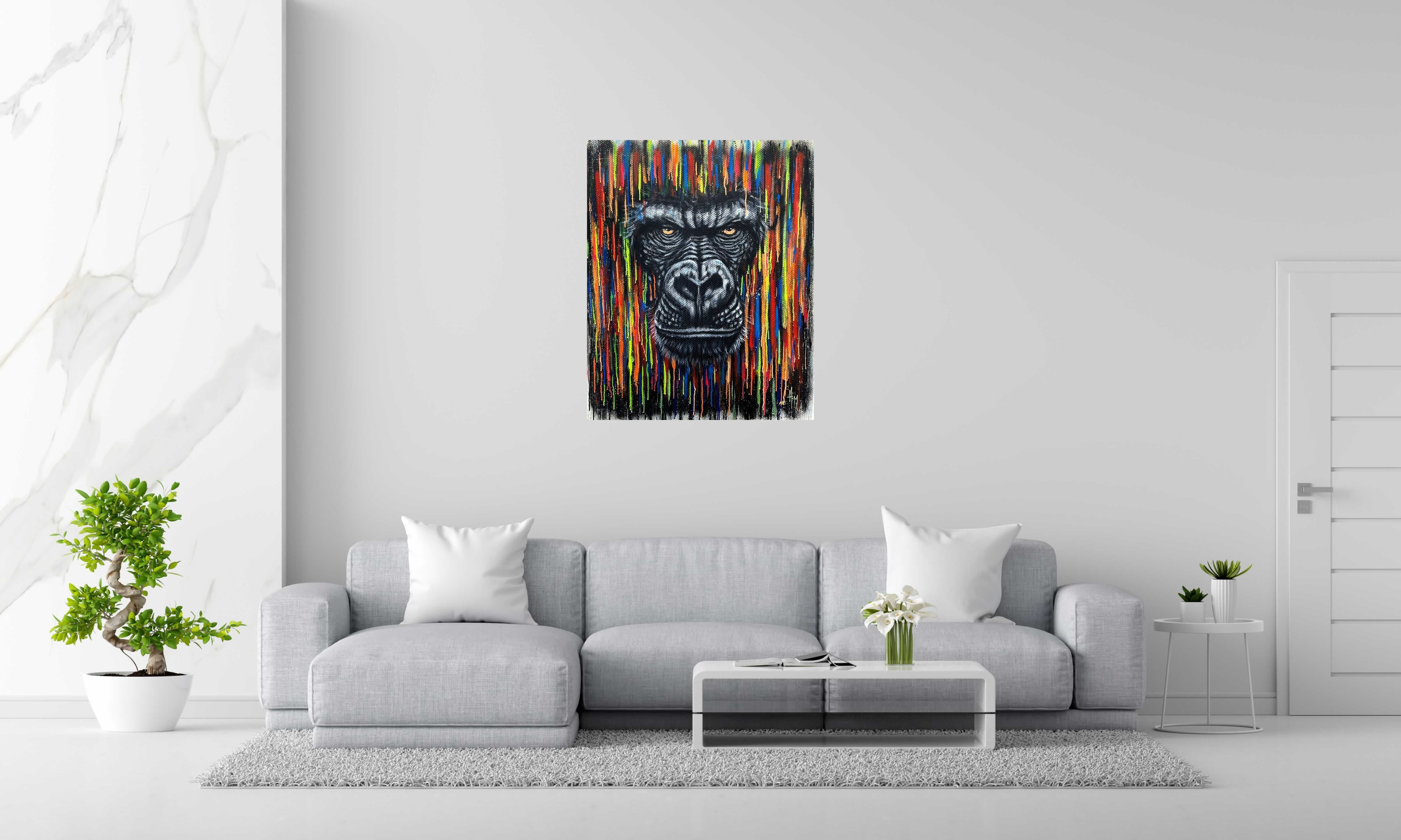 Toile Gorille sur toile de verre UV de ART HM dans un intérieur – 81 × 100 cm