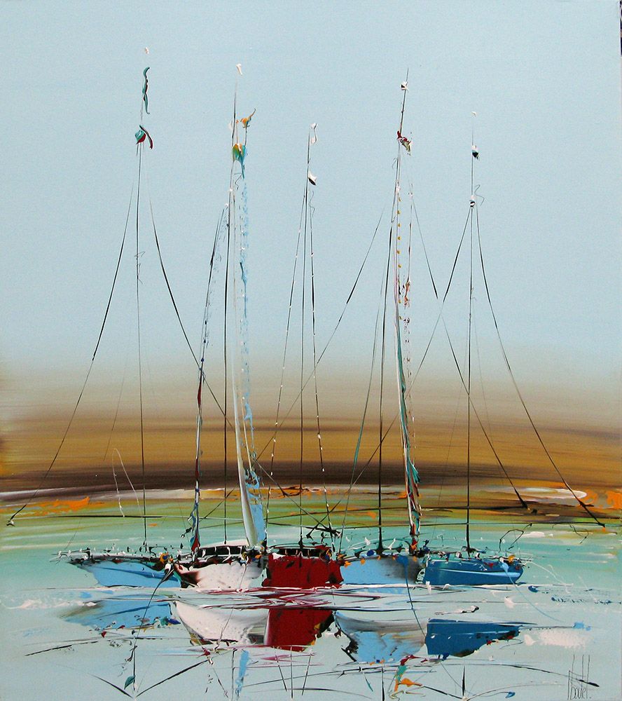 Toile figurative format xxl bleu et jaune Marine abstraite 2025-03 – F. BOUTET – 81 × 100 cm
