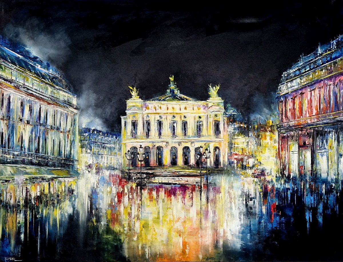 Toile figurative grand format noir Place de l'Opéra - Paris de Nuit – PHIL – 116 × 89 cm