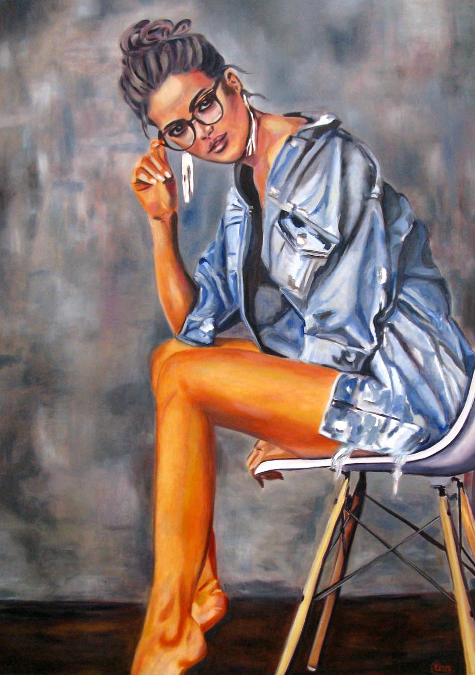 Toile figurative grande taille bleu Veronika – EMILIE CREPIN – 116 × 81 cm