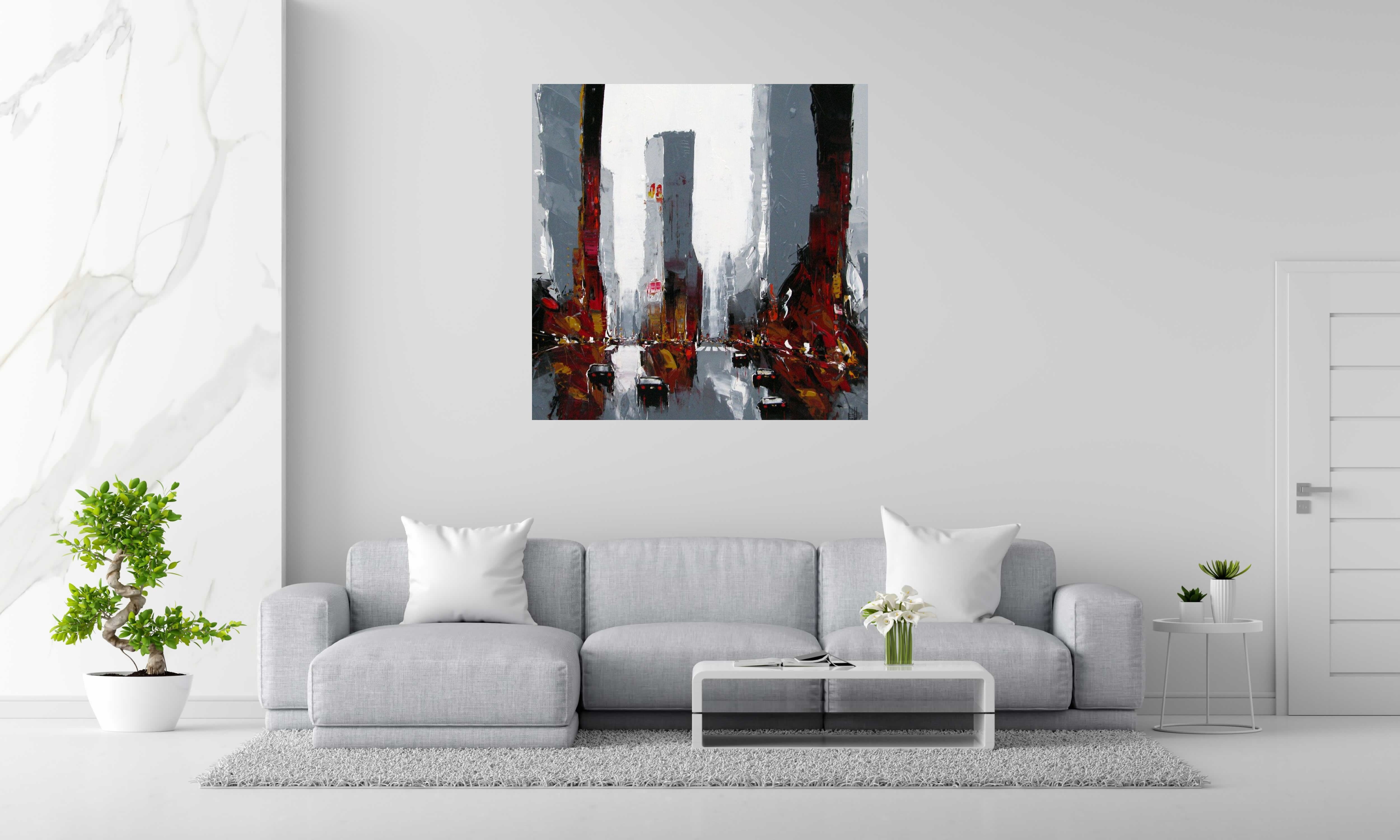 Toile CITY E de F. BOUTET dans un intérieur – 120 × 120 cm