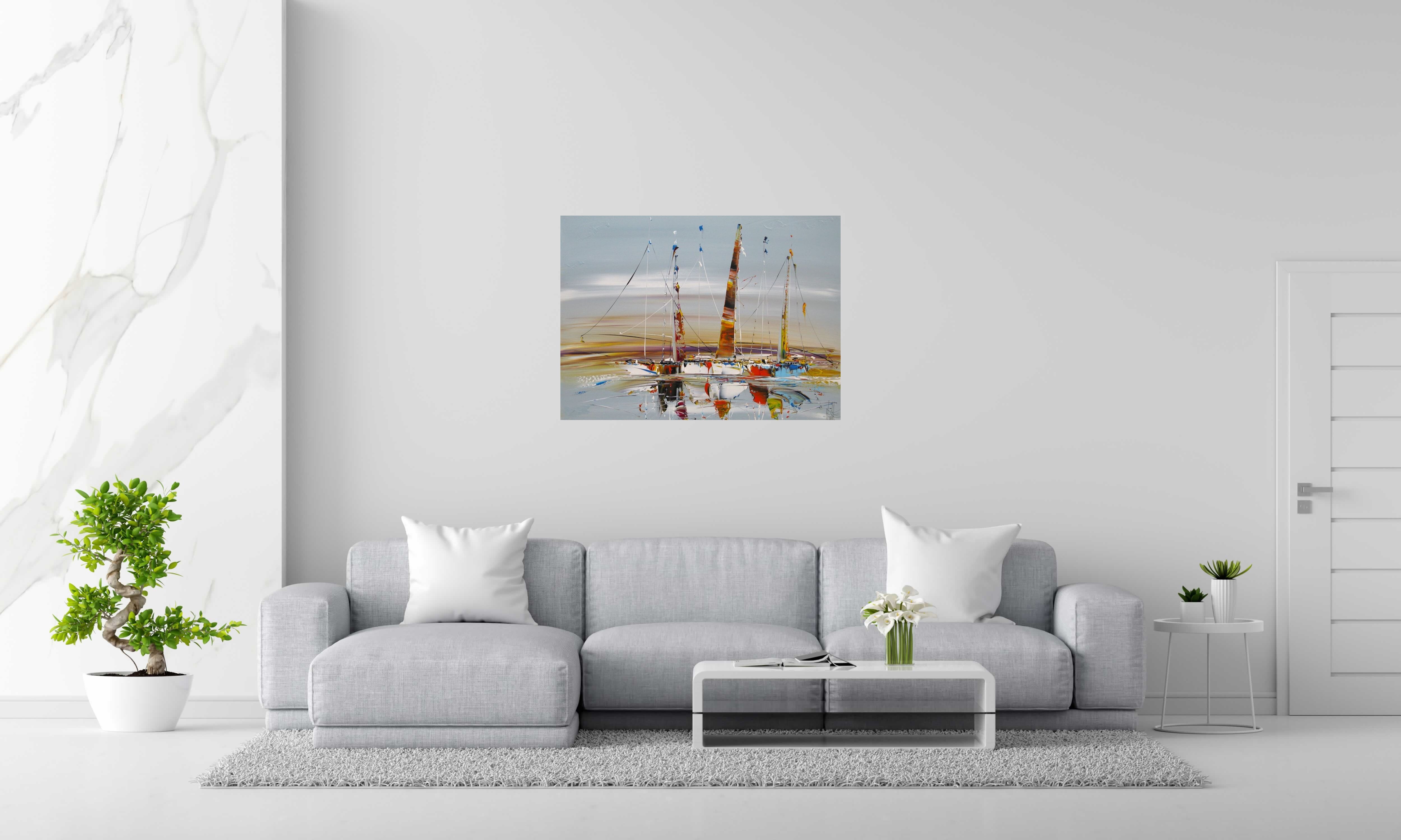 Toile Marine abstraite 2024-65 de F. BOUTET dans un intérieur – 73 × 100 cm