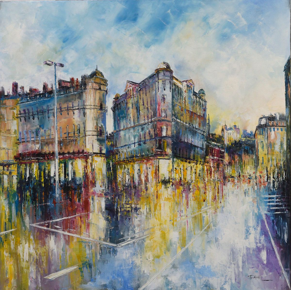 Toile figurative grande taille Place des Cordeliers, Lyon – PHIL – 90 × 90 cm