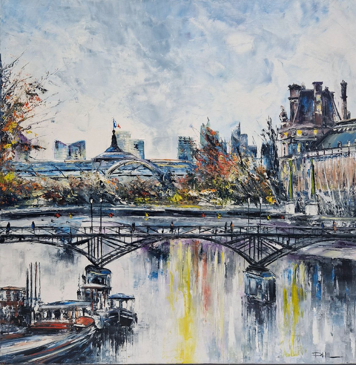 Toile figurative moyen format bleu Pont des Arts, Paris – PHIL – 60 × 60 cm