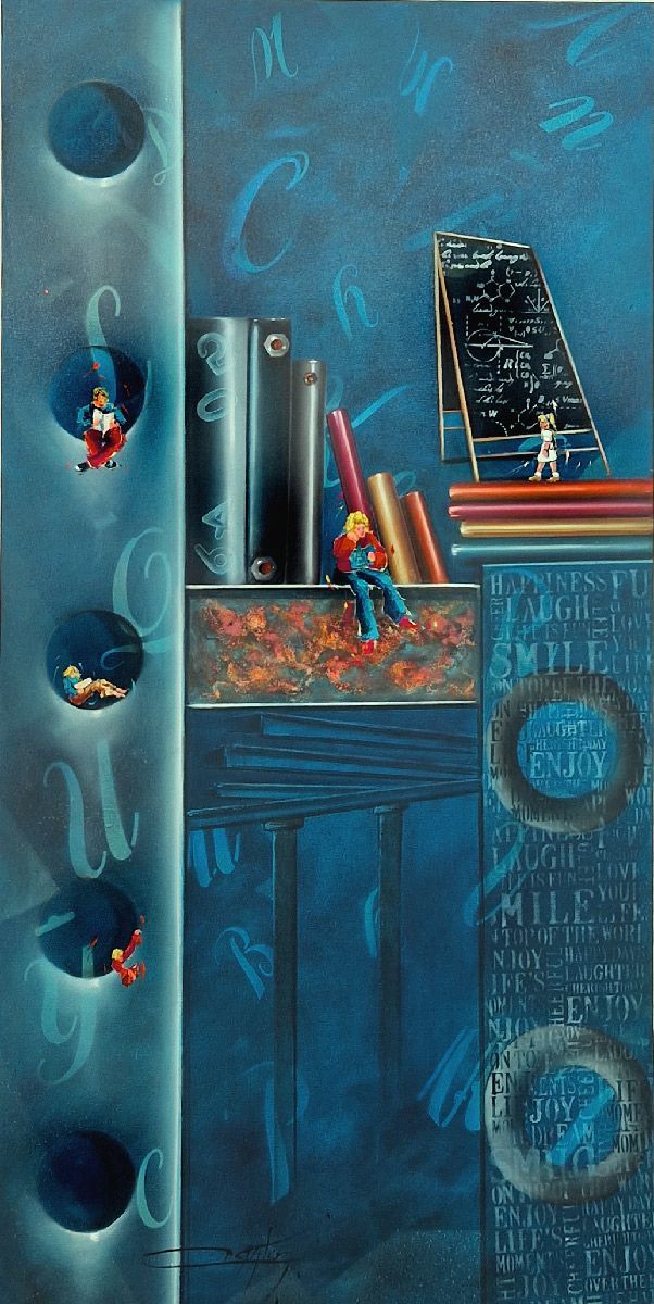 Toile figurative moyen format Les piliers de la connaissance – Geneviève Canto – 50 × 100 cm