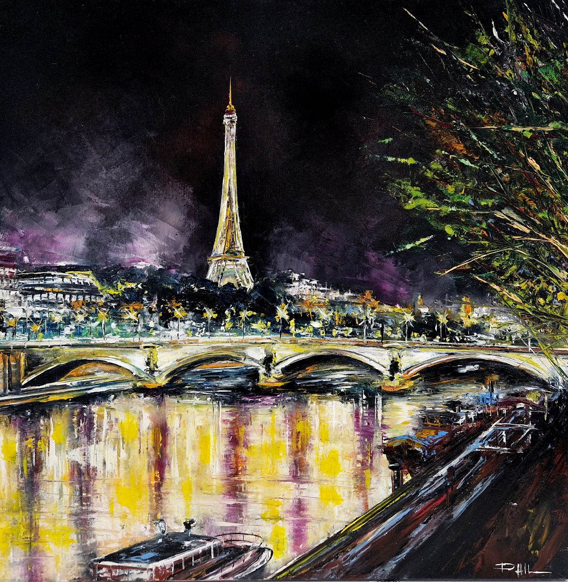 Toile figurative moyen format noir Pont de Paris – PHIL – 60 × 60 cm
