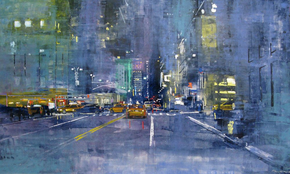 Toile figurative très grand format bleu et gris 34TH STREET'S COLORS – ADRIEN FAVEAU – 97 × 162 cm