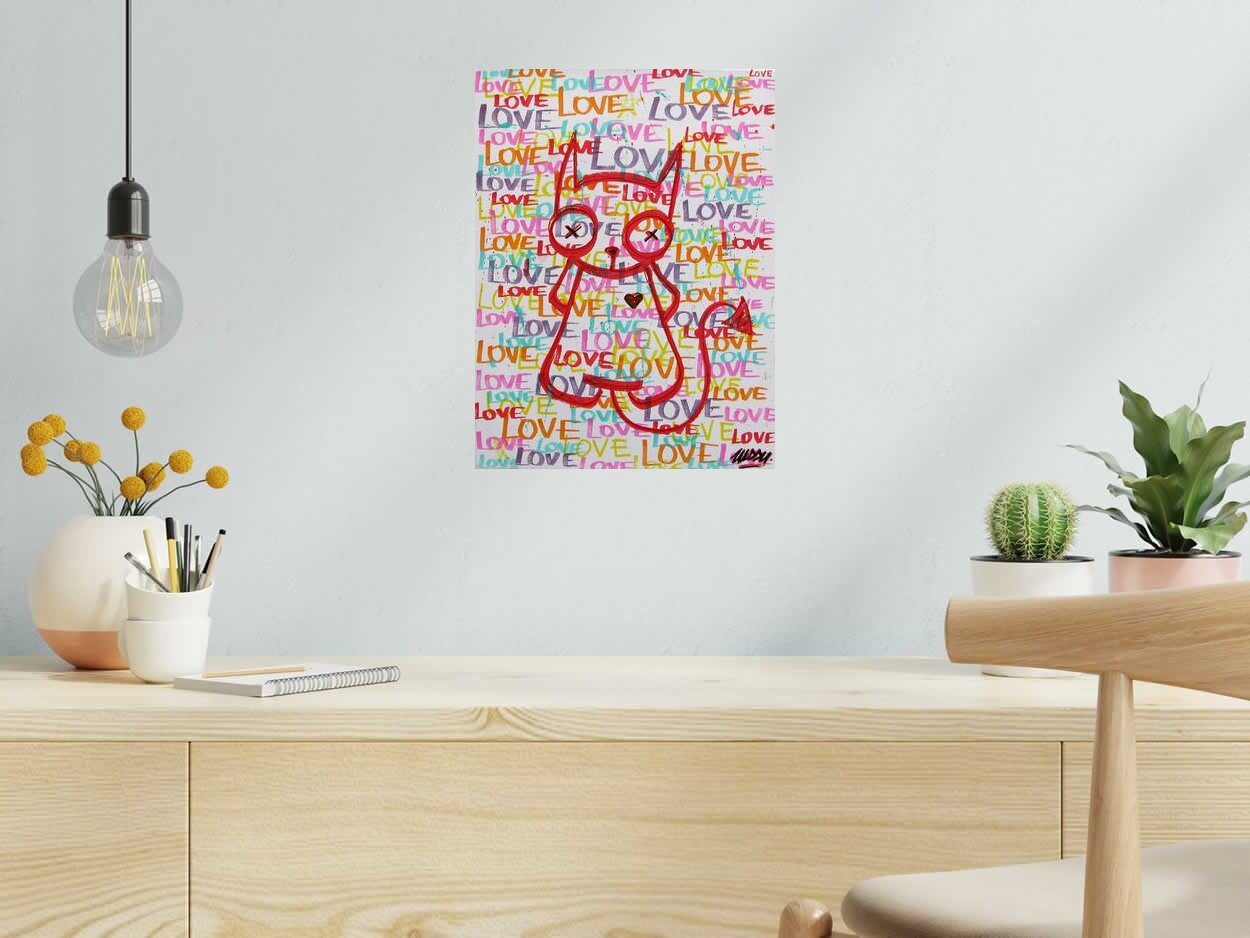 Toile cat love blanc de LUSSY dans un intérieur – 30 × 40 cm