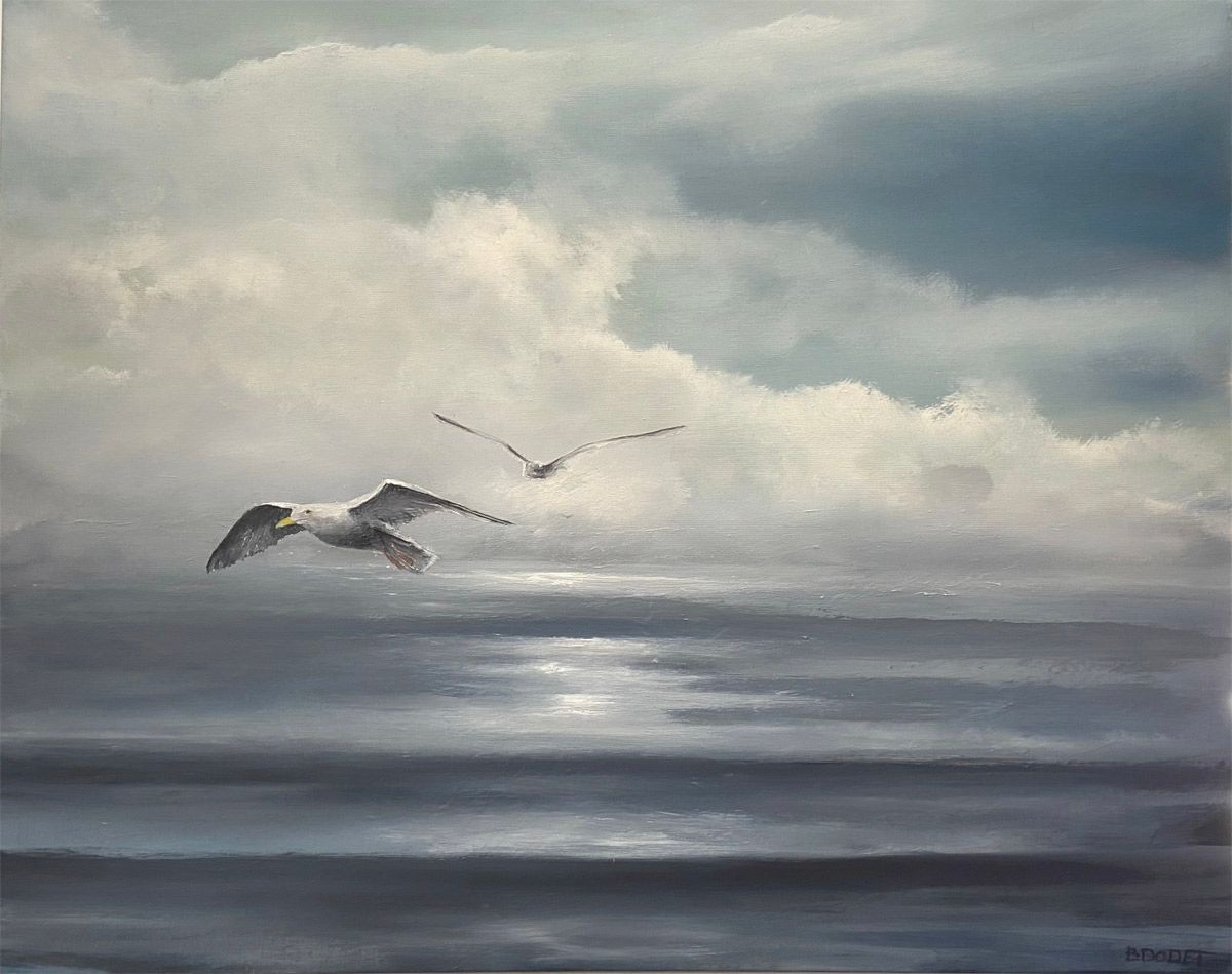 Toile figurative de BDODET représentant un paysage d'océan avec un oiseau, huile sur toile, 92 x 73 cm