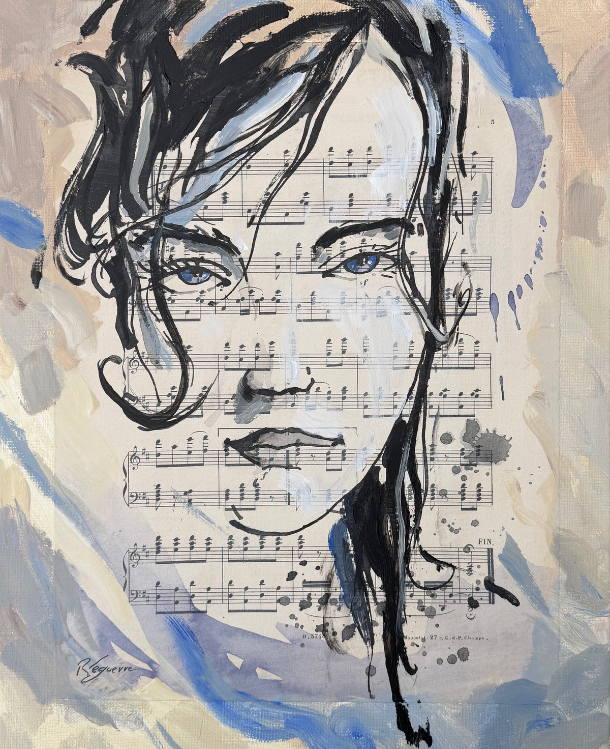 Toile figurative de Cyril Reguerre intitulée La Miss, portrait à l'aquarelle et à l'encre de Chine sur papier et toile sur chassis, 28 x 35 cm
