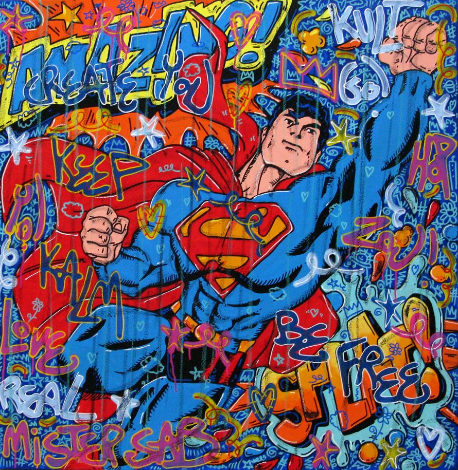 Toile street art format xxl Amazing superman – RICO SAB – 100 × 100 cm