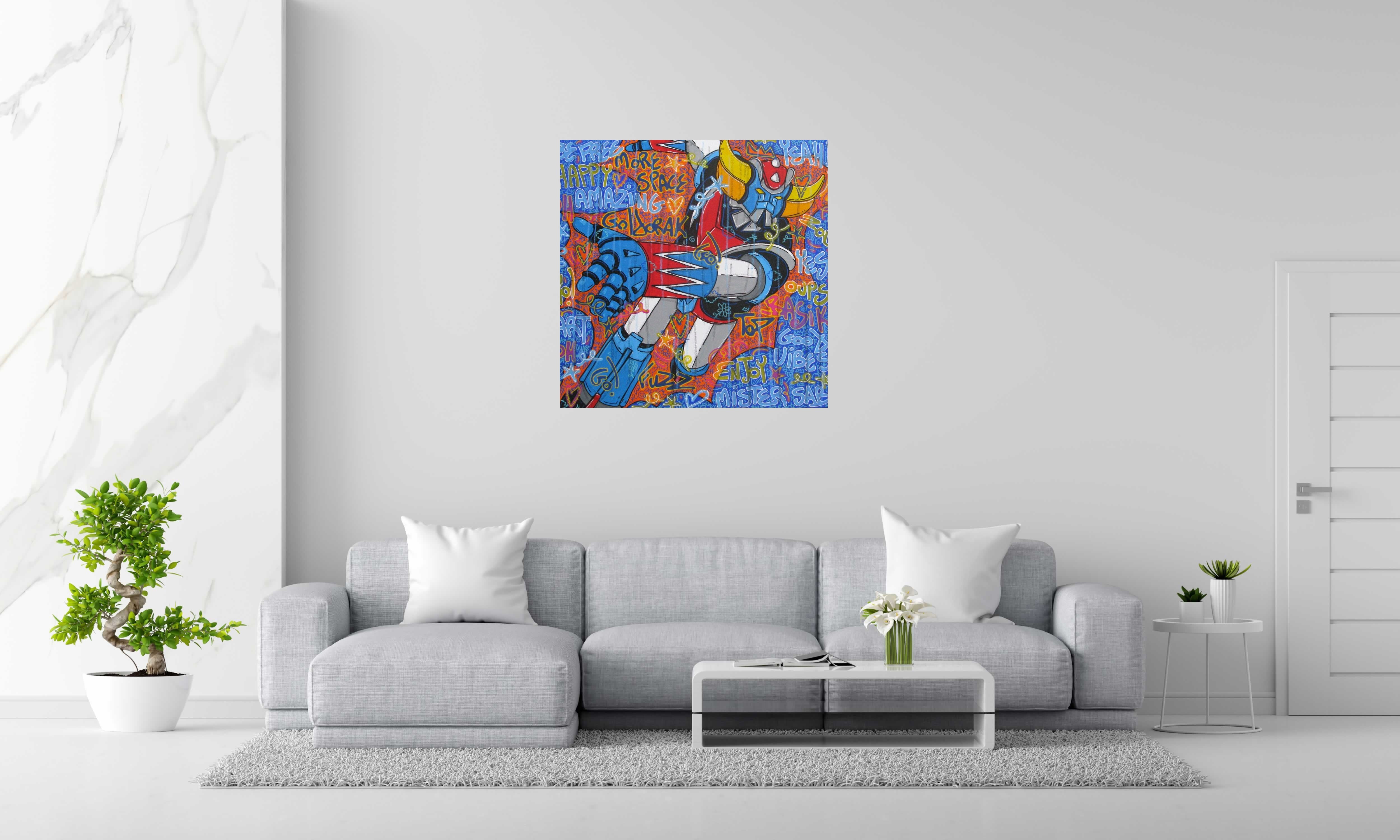 Toile Toile street art: Goldorak go de RICO SAB dans un intérieur – 100 × 100 cm