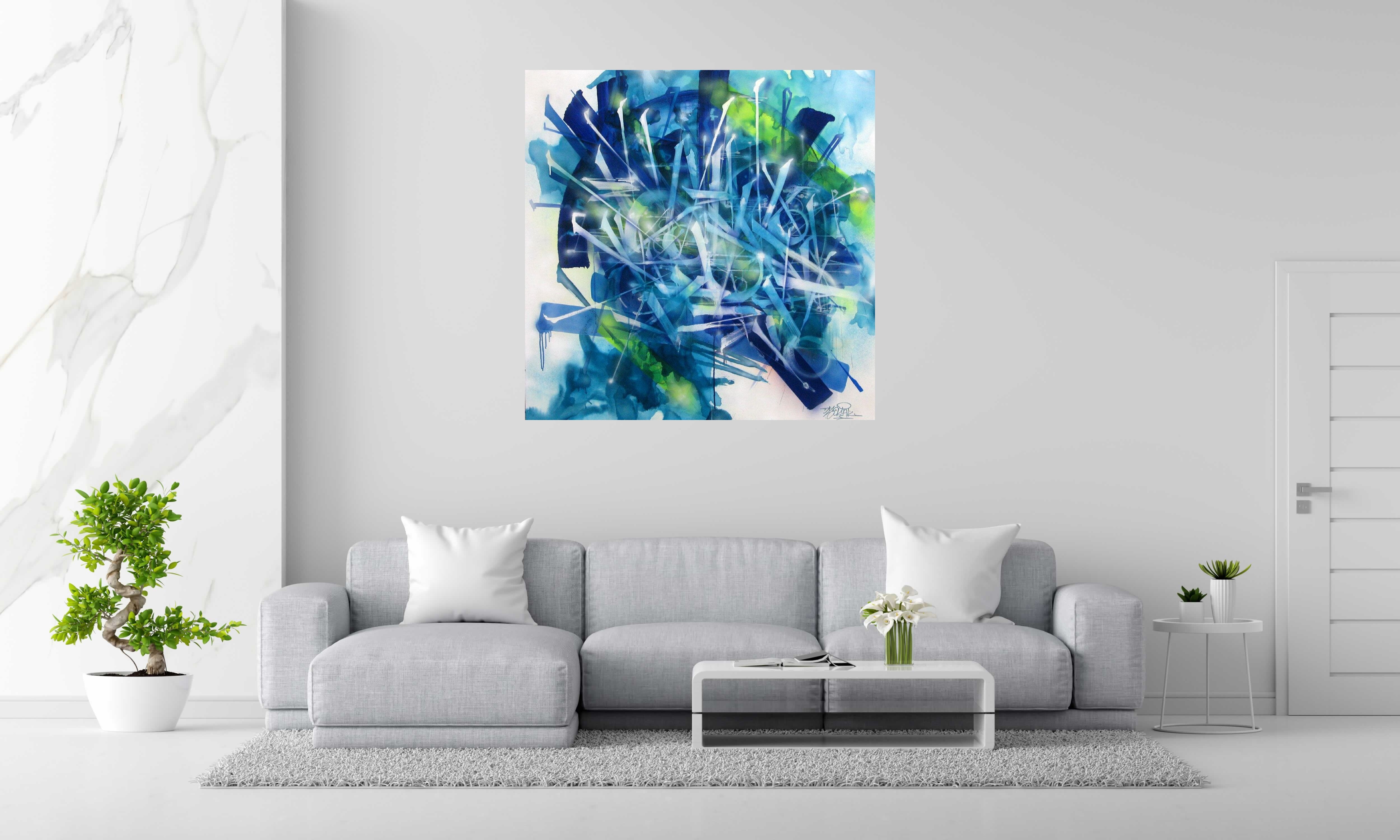 Toile Quantic Laguna Hills de EL GATO S. dans un intérieur – 125 × 125 cm