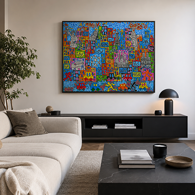 Grande peinture colorée style pop art urbain exposée dans salon moderne