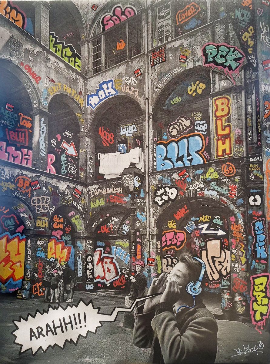 Tableau de BLACH a pour titre  Lyon Doisneau Traboule style graffiti, street art dim : BLACHprix:200