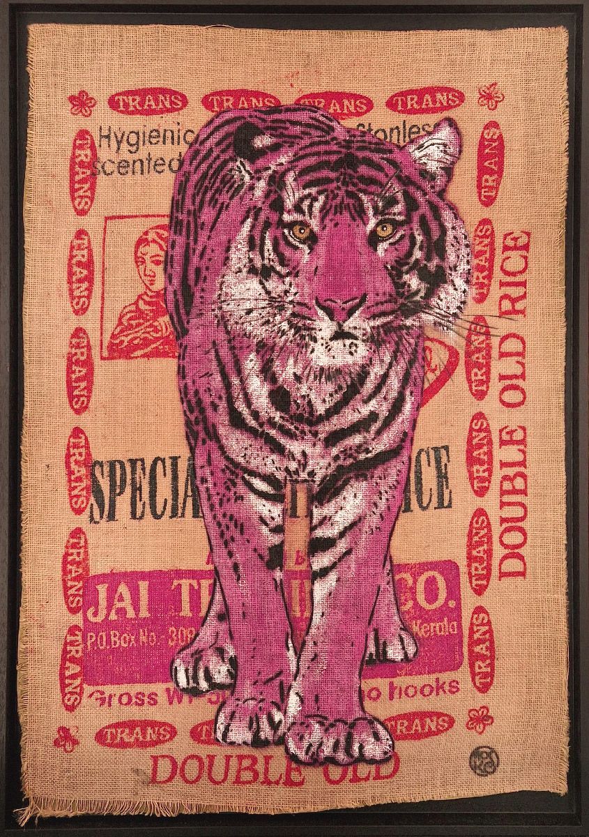 Tableau de MOSKO a pour titre  Tigre violet Old Rice style street art dim : MOSKOprix:1800