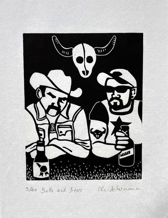 Editions d'art de PHILIPPE ACHERMANN a pour titre  BULLS AND BEERS style figuratif dim : PHILIPPE ACHERMANNprix:40