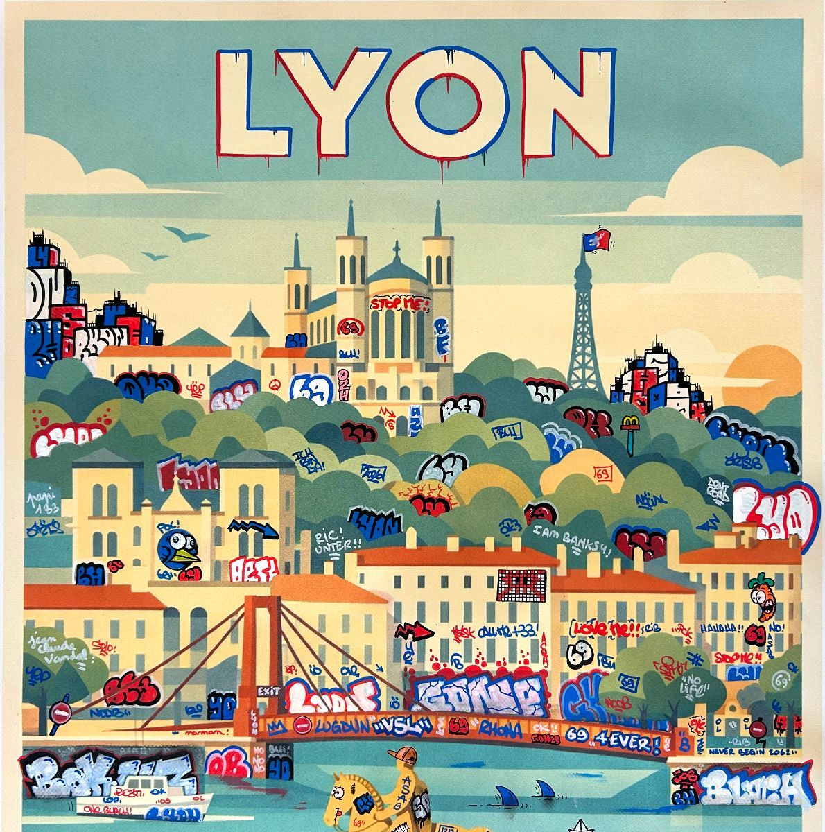 Tableau de BLACH a pour titre  Lyon vintage et graffiti style graffiti, street art dim : BLACHprix:550