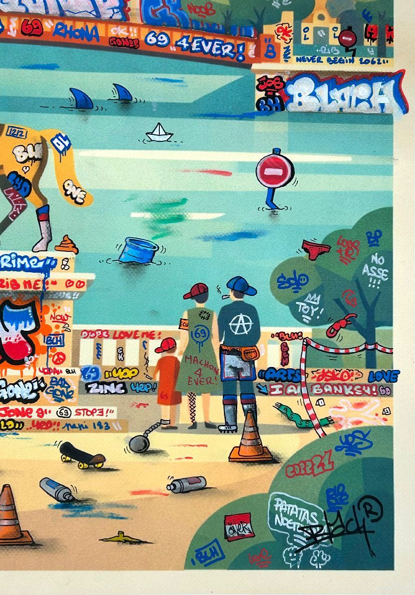 Tableau de BLACH a pour titre  Lyon vintage et graffiti style graffiti, street art dim : BLACHprix:550