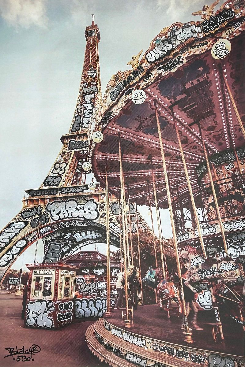 Editions d'art de BLACH a pour titre  Tour Eiffel et le Manège style graffiti, street art dim : BLACHprix:160