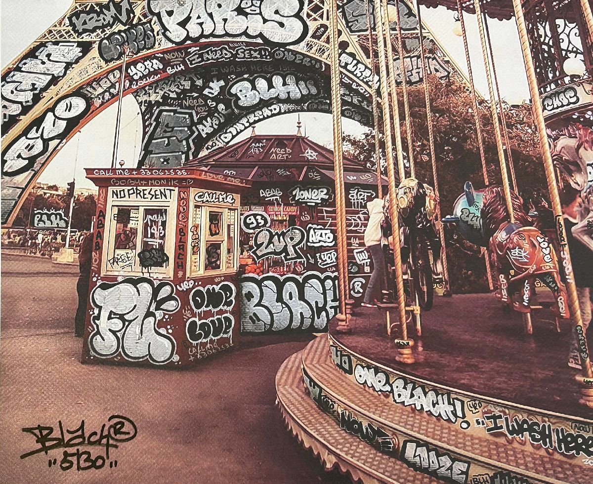 Editions d'art de BLACH a pour titre  Tour Eiffel et le Manège style graffiti, street art dim : BLACHprix:160