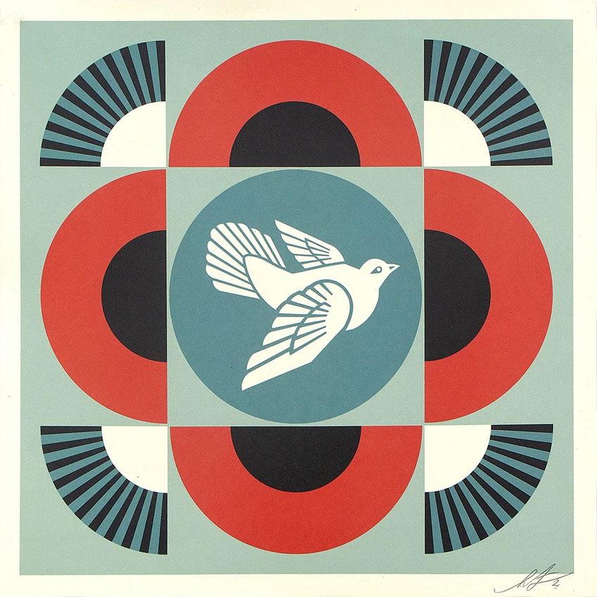 Editions d'art de OBEY : SHEPARD FAIREY  a pour titre  COLOMBE GÉOMÉTRIQUE -RED style street art, graphique dim : OBEY : SHEPARD FAIREY prix:80
