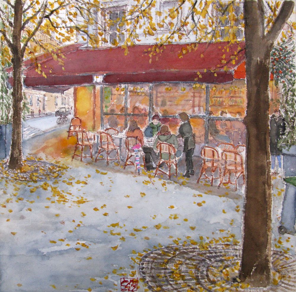 Tableau de JEONG MIN LEE a pour titre  Café terrasse à la butte Montmartre style figuratif dim : JEONG MIN LEEprix:160