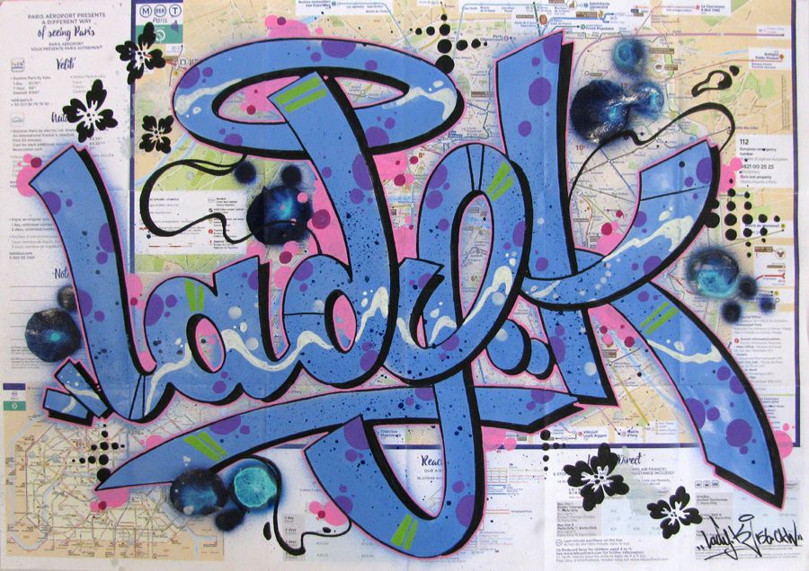 Dessin de LADY K a pour titre  LADY K SUR PARIS style graffiti, street art dim : LADY Kprix:400