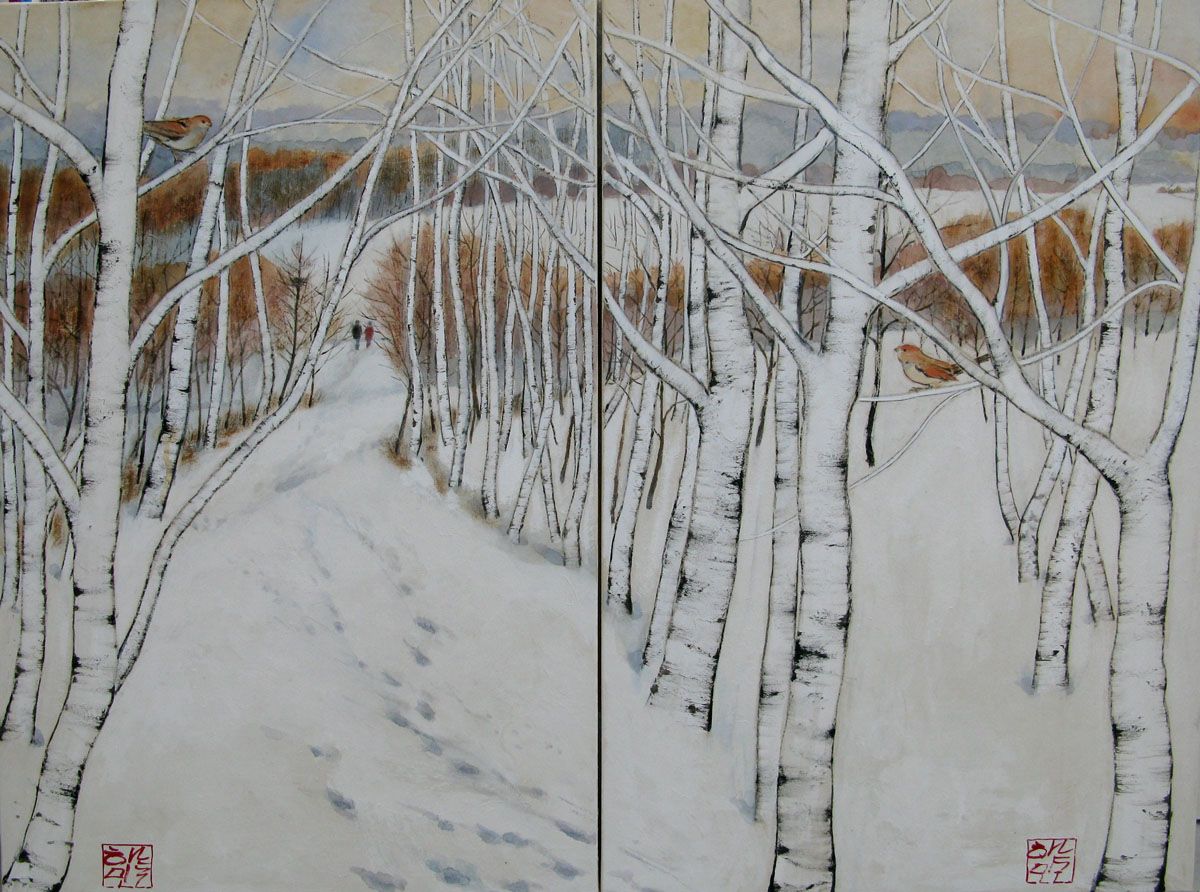 Tableau de JEONG MIN LEE a pour titre  Dyptique - Deux oiseaux dans les bouleaux style figuratif dim : JEONG MIN LEEprix:1000