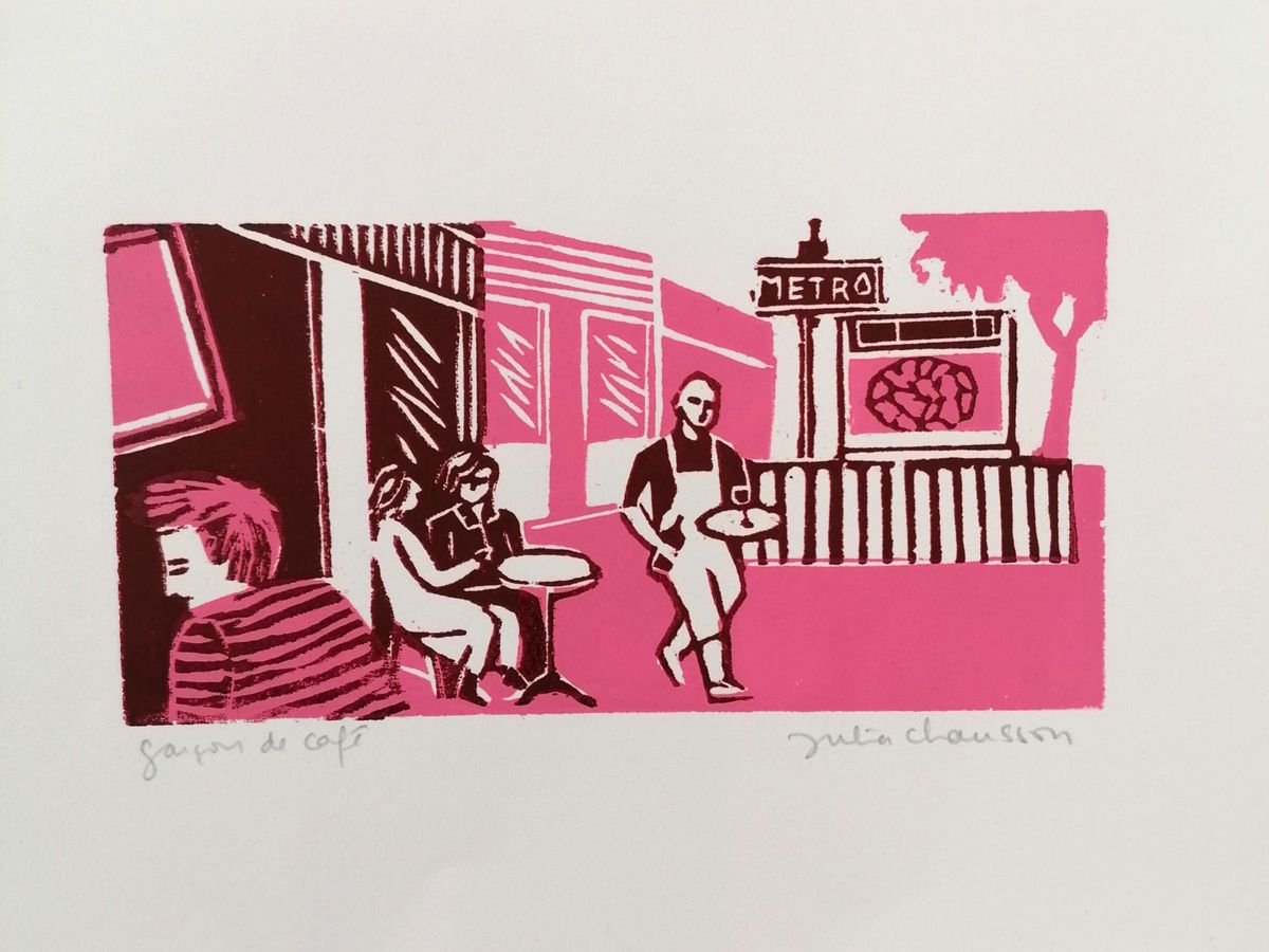 Editions d'art de JULIA CHAUSSON a pour titre  GARÇON DU CAFÉ ROSE ET MARRON style figuratif dim : JULIA CHAUSSONprix:65