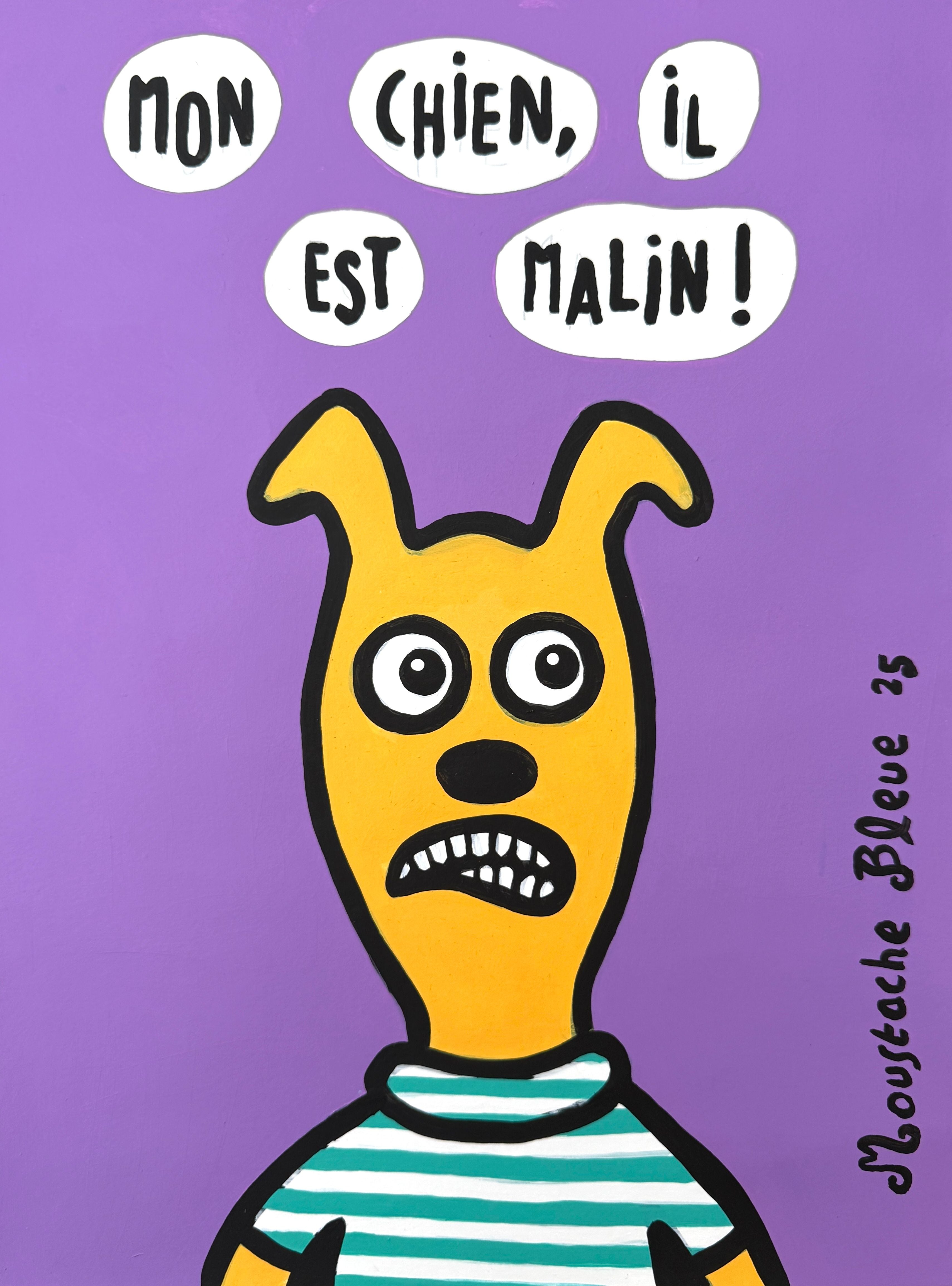 Dessin de MOUSTACHE BLEUE a pour titre  Mon chien, il est malin ! style figuratif dim : MOUSTACHE BLEUEprix:80