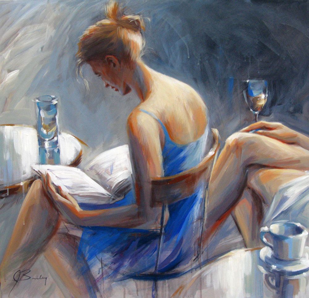 Tableau de JEFF BAILEY a pour titre  FEMME À LA ROBE BLEU style figuratif dim : JEFF BAILEYprix: