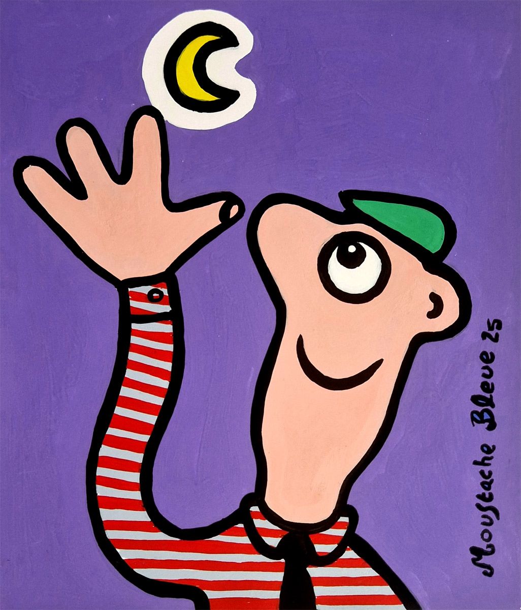 Dessin de MOUSTACHE BLEUE a pour titre  Je suis dans la lune style figuratif dim : MOUSTACHE BLEUEprix:45