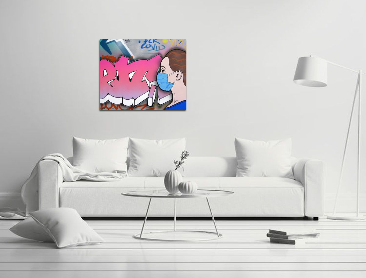 Tableau de KENY a pour titre  FUCK COVID style graffiti, street pop art dim : KENYprix:700