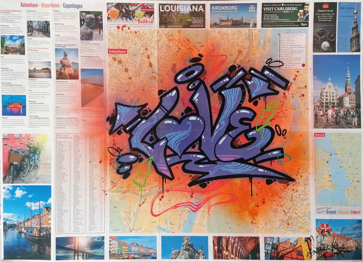 Dessin de LADY K a pour titre  LOVE SUR COPENHAGEN style street pop art dim : LADY Kprix:400
