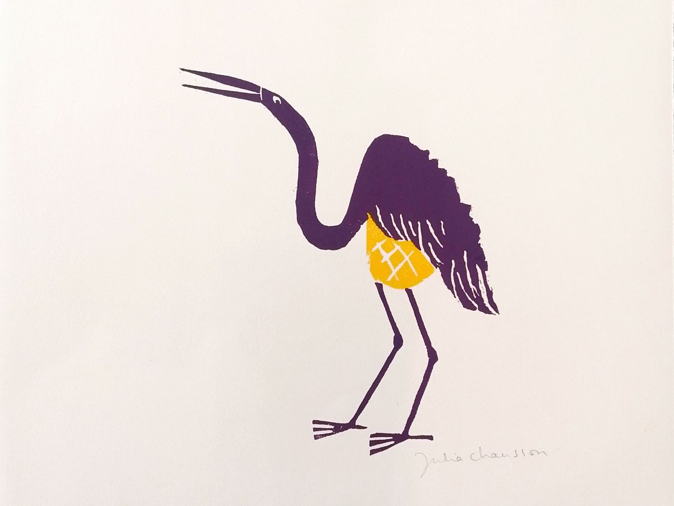 Editions d'art de JULIA CHAUSSON a pour titre  LA GRUE ET LA GALETTE style figuratif dim : JULIA CHAUSSONprix:50