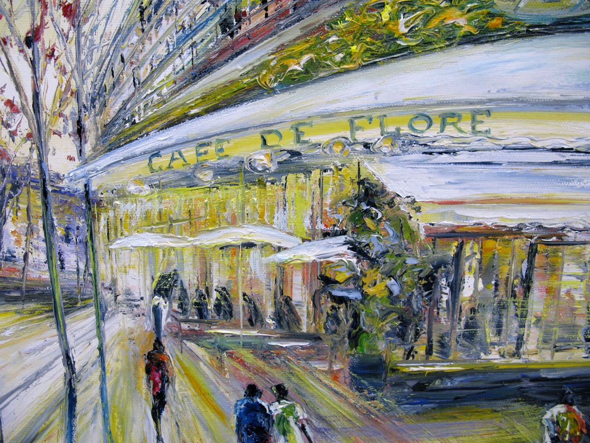 Tableau de PHIL a pour titre  Le Flore, Paris style figuratif dim : PHILprix:350