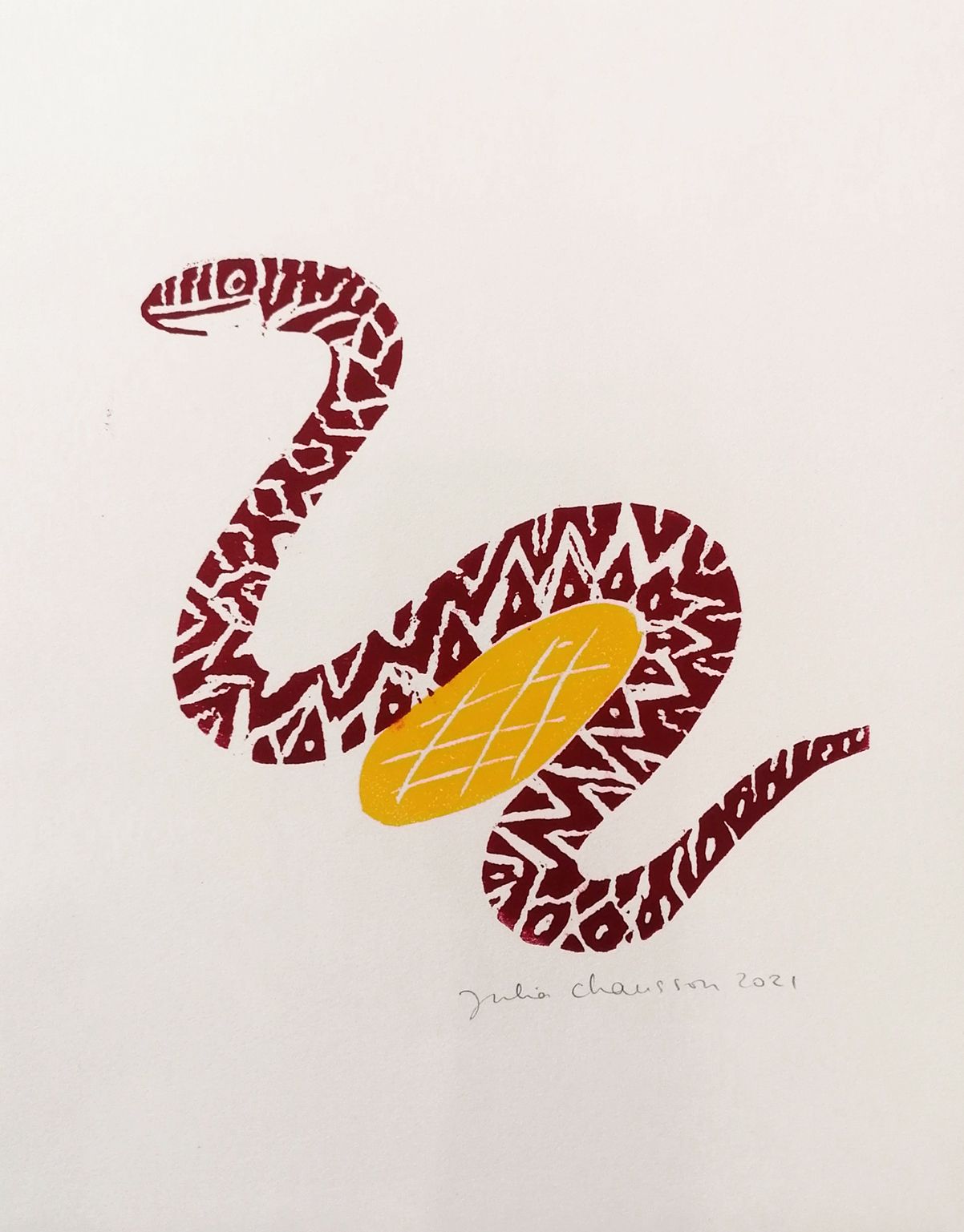 Editions d'art de JULIA CHAUSSON a pour titre  LE SERPENT ET LA GALETTE style figuratif dim : JULIA CHAUSSONprix:50