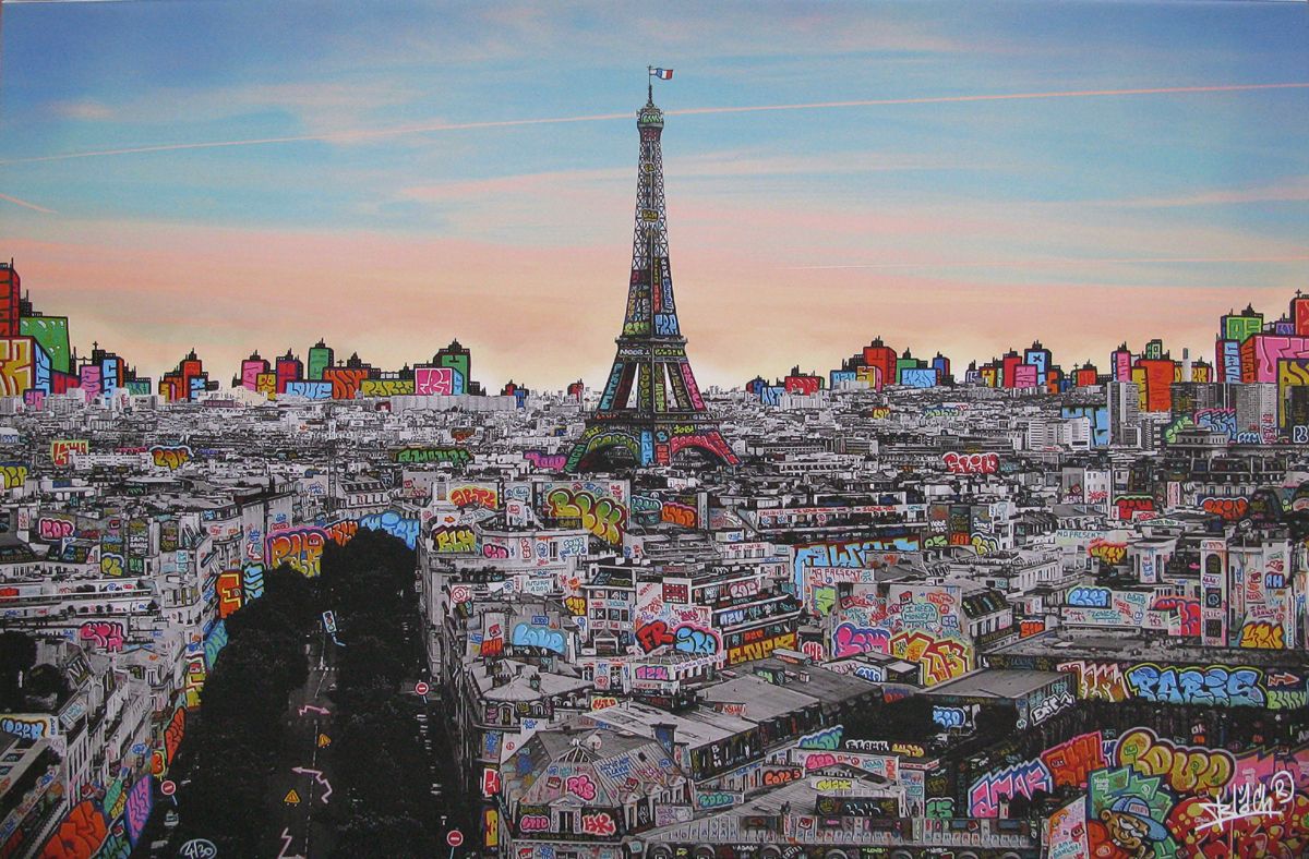 Editions d'art de BLACH a pour titre  Paris panoramique à l'aube style graffiti, street pop art dim : BLACHprix:250