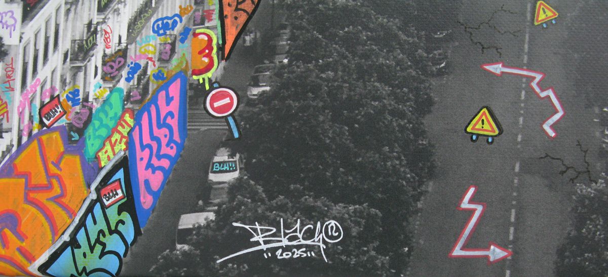 Editions d'art de BLACH a pour titre  Paris panoramique en noir et blanc style graffiti, street pop art dim : BLACHprix:1500