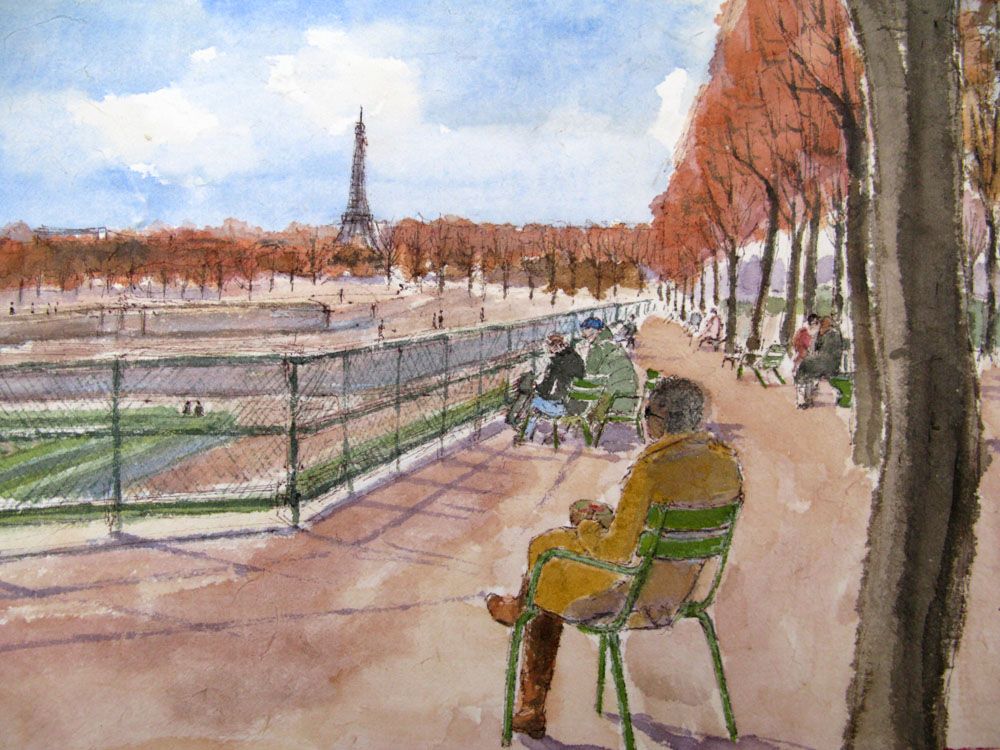 Tableau de JEONG MIN LEE a pour titre  Pause méridienne au jardin des Tuileries style figuratif dim : JEONG MIN LEEprix:160