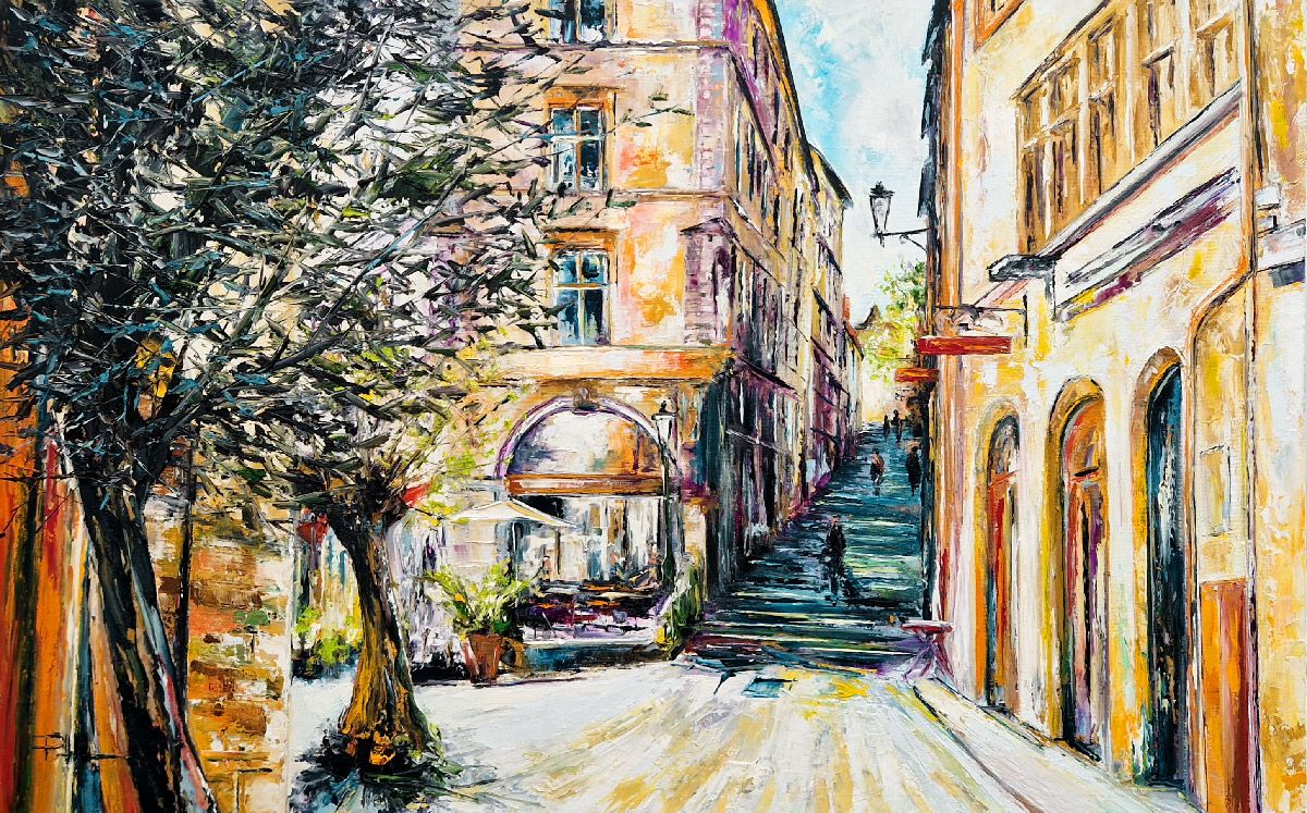 Tableau de PHIL a pour titre  Place de la Trinité _ Lyon style figuratif dim : PHILprix:520