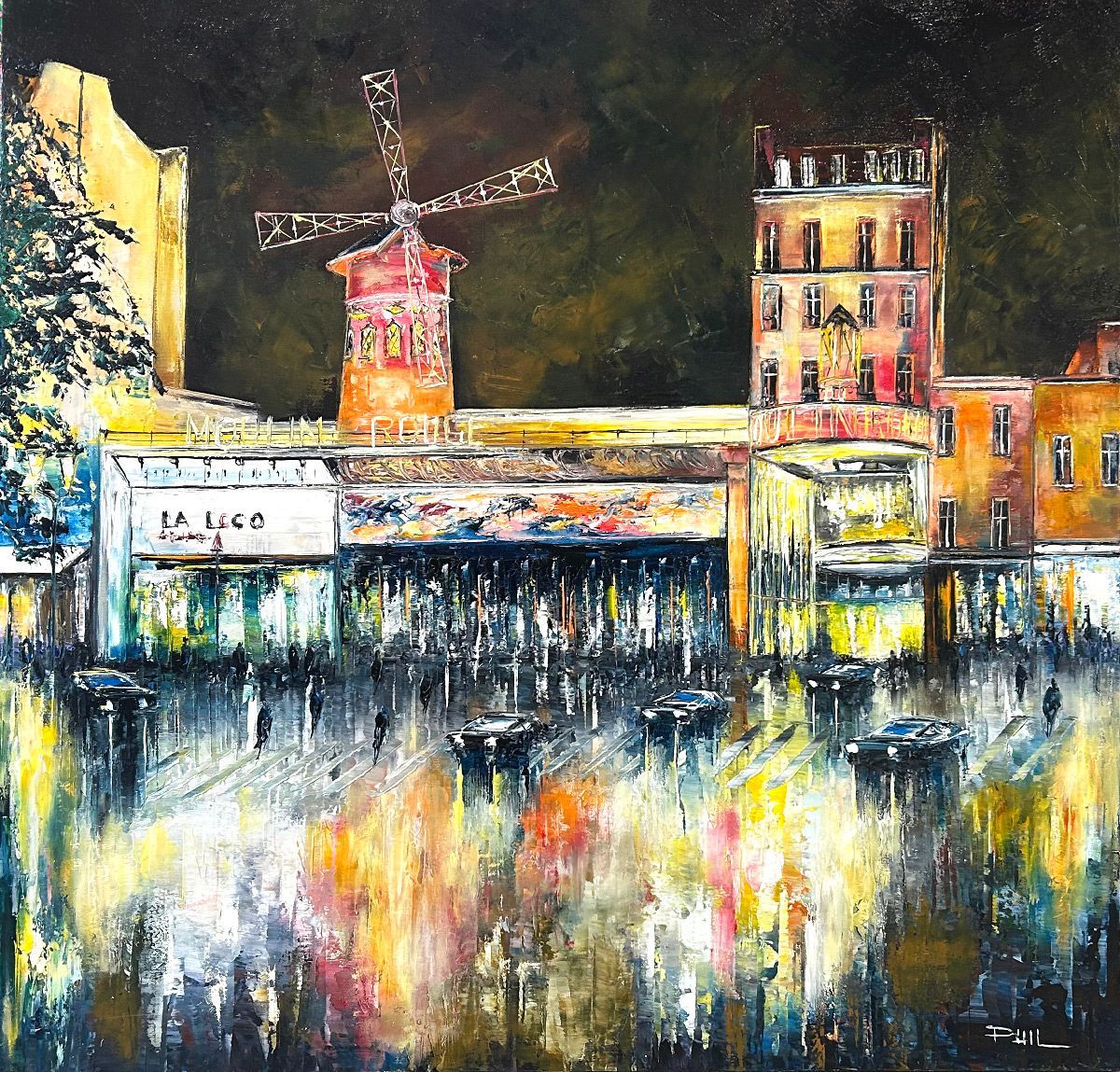 Tableau de PHIL a pour titre  Le moulin rouge style figuratif dim : PHILprix:600