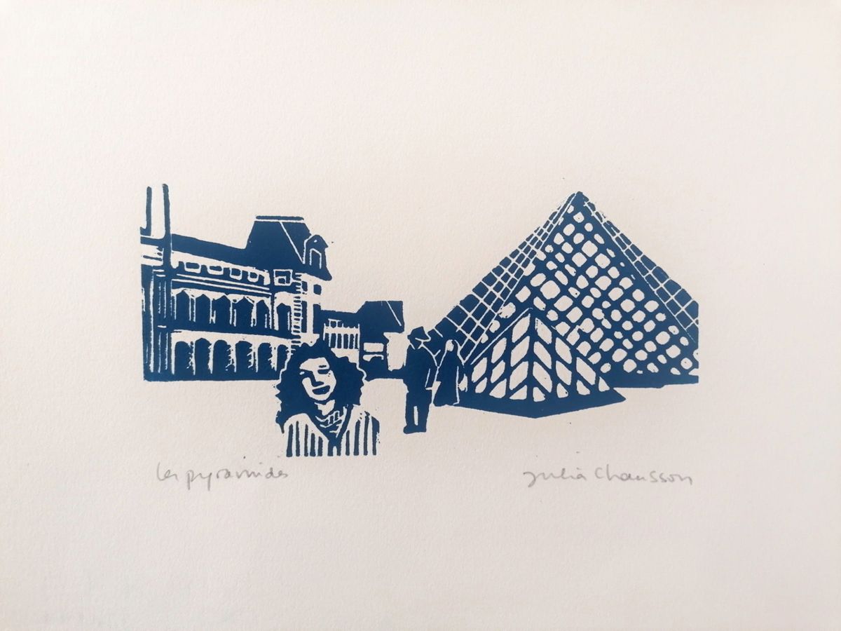 Editions d'art de JULIA CHAUSSON a pour titre  LES PYRAMIDES BLEU style figuratif dim : JULIA CHAUSSONprix:65